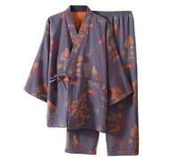 Men's Pyjama Set Bathrobe Men's Spring Japanese Kimono Pyjamas Hanboki Loungewear Jacquard Loose Tie Home Set, gray, M