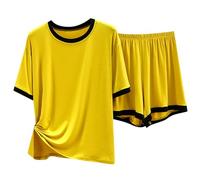 Men's Pyjama Set Bathrobe Short Sleeve T-Shirt for Men Two Piece Summer Thin Loose Casual Shorts Set Can Be Worn Home, yellow, XXL