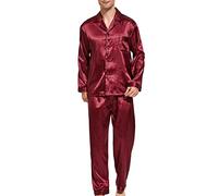 Men's Pyjama Set, Satin Sleepwear, Long Sleeves, Loungewear, maroon/black, M