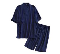 Mens Pyjamas 2023 Kimono Short Sleeve Shorts Pajamas Plus Size Men's Summer Thin Sweat Japanese Home Wear (Navy, L)
