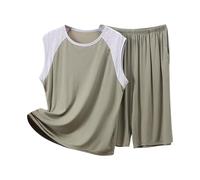 Mens Pyjamas Plus Size Modal Pjs for Men Sleeveless Vest Tops and Shorts Colour Block Lightweight Sleepwear Crew Neck Nightwear Set with Pockets Summer Loungewear Tracksuits XL-5XL
