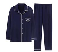 Mens Pyjamas Set - Cotton Soft Pjs Classic Button Down Nightwear Long Sleeve & Bottoms PJs Cosy Lounge Wear Plus Size M-4XL - Loungewear Sleepwear Nightwear for Him Dark Blue