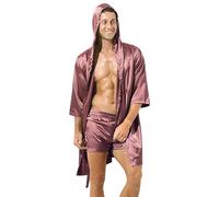Mens Pyjamas Set Shorts And Shirt | Men Satin Pyjamas Set Nightwear Loose Hooded Suit With Belt Sexy Sleepwear Lightweight Nightshirt Short Sleeved Homewear Solid Color Sleep Shirt Thin Loungewear