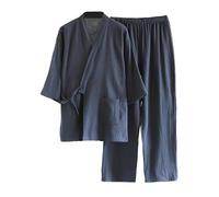 Mens Pyjamas Set Summer Cotton Pjs 3/4 Sleeve Robe and Capri Pants 2 Piece Kimono Pajamas Sets Solid Colour Lightweight Nightwear Lace Up Bathrobe with Pocket Casual Homewear for Men