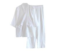 Mens Pyjamas Set Summer Cotton Pjs 3/4 Sleeve Robe and Capri Pants 2 Piece Kimono Pajamas Sets Solid Colour Lightweight Nightwear Lace Up Bathrobe with Pocket Casual Homewear for Men