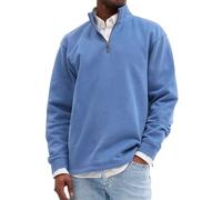 Mens Quarter Collar Pullover Casual Long Sleeve Sweatshirts Classic Mock Neck Zip Jumpers Autumn Winter Leisure Travel Sportswear Solid Golf Tennis T-Shirts Lightweight Outerwear Tops Blue