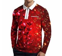 Men's Quarter Zip Athletic Top & Valentine's Polo Shirt | Long Sleeve Workout Design with Wicking Fabric & 3D Digital Print | Tennis & Sports Shirt for Romantic Celebrations, Spring Autumn Wear