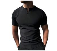 Men's Quarter Zip Henley Shirts Casual Slim Beefy Short Sleeve Tee Shirt Collarless T-Shirt for Work Lounge Golf Beach Black