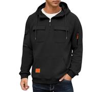 Mens Quarter Zip Hoodies 1/4 Zipper Tactical Hooded Cargo Shirt Sweatshirt Multi Pockets Long Sleeve Pullover Tops suéteres para el frío de Hombre(Black, XXXL)