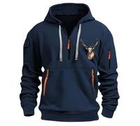 Mens Quarter Zip Hoodies Long Sleeve Tactical Hooded with Pockets Military Sweatshirt Deer Head Print Graphic T-Shirt Sudaderas para Hombre para el Frio(Navy, XL)
