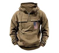 Mens Quarter Zip Hoodies Retro USA Flag Patriotic Hooded Multiple Pockets Sweatshirts Vintage Tactical Pullover Tops suéter para el frío de Hombre(Khaki, XL)