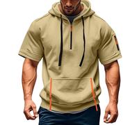 Mens Quarter Zip Hoodies Short Sleeve 1/4 Zipper Hooded Tshirts with Pockets Running Shirts Sweatshirts Pullover Tops suéter para el frío de Hombre(Khaki, L)