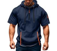 Mens Quarter Zip Hoodies Short Sleeve 1/4 Zipper Hooded Tshirts with Pockets Running Shirts Sweatshirts Pullover Tops suéter de Hombre para el Frio(Navy, XXL)