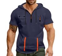 Mens Quarter Zip Hoodies Short Sleeve Cargo Tshirts Hooded Multi Pockets Tactical Shirts Sweatshirts Pullover Tops playeras para el sol de Trabajo Hombre(Navy, XXXL)