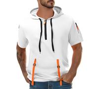Mens Quarter Zip Hoodies Short Sleeve Shirt Hooded 1/4 Zipper T-Shirts with Pockets Sweatshirt Solid Pullover Tops playeras para el sol de Trabajo Hombre(White, L)