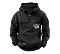 Mens Quarter Zip Hoodies USA Flag Patriotic Hooded Retro Multiple Pockets Sweatshirts Vintage Tactical Pullover Tops suéter para el frío de Hombre(Black, XXL)