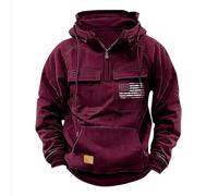 Mens Quarter Zip Hoodies Vintage USA Flag Patriotic Hooded Retro Tactical Sweatshirts Multiple Pockets Pullover Tops suéteres para el frío de Hombre(Red, S)