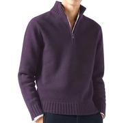Men's Quarter Zip Jumper Chunky Knit Pullover Turtleneck Knitted Sweater Long Sleeve Casual Warm Golf Sweater Solid Color Zip Up Sweater Work Jumper Regular Fit Autumn Winter Smart Jumpers Purple