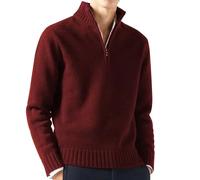 Men's Quarter Zip Jumper Knitted Turtleneck Sweater Long Sleeve Chunky Knit Pullover Sweater Winter Warm Jumper Regular Fit Zip Up Sweater Casual Golf Sweater Solid Color Smart Jumper Wine