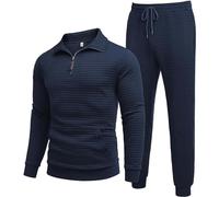 Men's Quarter Zip Sweater Tracksuit Set, Casual Waffle Knit Sweatshirt and Jogger Pants, Warm Fleece Loungewear,Warm Winter Wear, Perfect for Winter, Multiple Colors Available