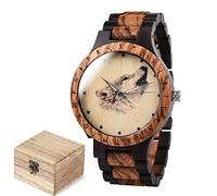 Men's Quartz Movement Watches, Viking Wolf Wood Print Dial, Handmade Wooden Engraved Analog Wrist Watch Clock. (Black)