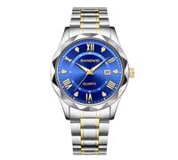 Men's Quartz Watch, Blue Dial with Roman Numerals, Two-Tone Stainless Steel Bracelet, Luminous Hands, Date Display, Waterproof Business Wristwatch