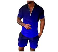 Mens Quick-Dry Polo Track Set 2 Piece Anti-Pilling Short Sleeve Tops Elastic Drawstring Shorts for Summer Running HIIT Travel Blue 5XL