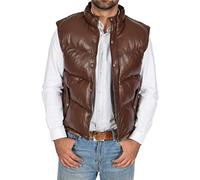 Mens Quilted Leather Waistcoat Brown Puffer Body Warmer Vest Sleeveless Gilet Jeff (X-Large)