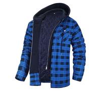 Men's Quilted Lined Flannel Hoodie Jacket Cotton Button Down Shirt Jackets Thick Long Sleeve Plaid Shirt Shacket,Royal blue,M