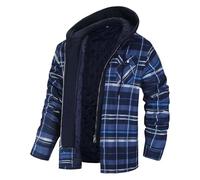 Men's Quilted Lined Flannel Hoodie Jacket Cotton Button Down Shirt Jackets Thick Long Sleeve Plaid Shirt Shacket,Navy blue,XL