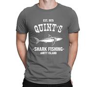 Mens Quints Fishing Shark Jaws Inspired Amity Cult Movie T-Shirt Charcoal Grey (XL)