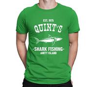 Mens Quints Fishing Shark Jaws Inspired Amity Cult Movie T-Shirt Green (XXL)