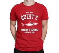 Mens Quints Fishing Shark Jaws Inspired Amity Cult Movie T-Shirt Red (XL)