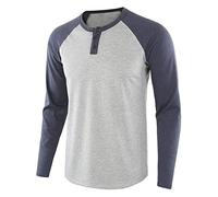 Men's Raglan Henley Shirt Long Sleeve Casual Baseball T-Shirts Color Matching Cotton Vintage Slim-Fit Sports Tee, Grey 3, Large