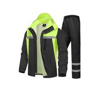 Men's Rain Suit High Visibility Reflective Work Rain Jacket Pants for All Sport Farm Fishing Motorcycle, Hi-vis Black/Green, S