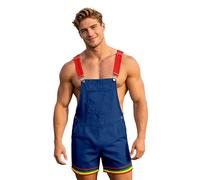 Men's Rainbow Print Short Dungarees | LGBTQ Pride Month Overalls with Pockets | Straight Leg Loose Fit Summer Work Trousers | Colourful Streetwear Funky Bib & Brace for Beach Holiday & Party