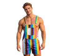 Men's Rainbow Print Short Dungarees | LGBTQ Pride Month Overalls with Pockets | Straight Leg Loose Fit Summer Work Trousers | Colourful Streetwear Funky Bib & Brace for Beach Holiday & Party