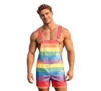 Men's Rainbow Print Short Dungarees | LGBTQ Pride Month Overalls with Pockets | Straight Leg Loose Fit Summer Work Trousers | Colourful Streetwear Funky Bib & Brace for Beach Holiday & Party