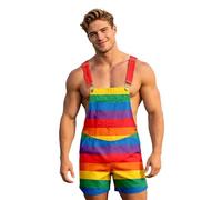 Men's Rainbow Print Short Dungarees | LGBTQ Pride Month Overalls with Pockets | Straight Leg Loose Fit Summer Work Trousers | Colourful Streetwear Funky Bib & Brace for Beach Holiday & Party