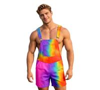 Men's Rainbow Print Short Dungarees, LGBTQ Pride Month Overalls with Pockets, Straight Leg Loose Fit Summer Work Trousers, Adjustable Straps Colourful Streetwear Jumpsuit Baggy Playsuit Gay for Party