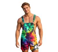 Men's Rainbow Print Short Dungarees | LGBTQ Pride Month Overalls with Pockets | Straight Leg Loose Fit Summer Work Trousers | Colourful Streetwear Funky Bib & Brace for Beach Holiday & Party
