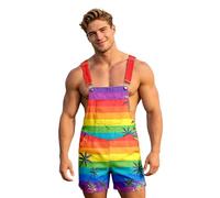 Men's Rainbow Print Short Dungarees | LGBTQ Pride Month Overalls with Pockets | Straight Leg Loose Fit Summer Work Trousers | Colourful Streetwear Funky Bib & Brace for Beach Holiday & Party