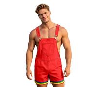 Men's Rainbow Print Short Dungarees | LGBTQ Pride Month Overalls with Pockets | Straight Leg Loose Fit Summer Work Trousers | Colourful Streetwear Funky Bib & Brace for Beach Holiday & Party