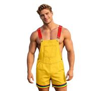Men's Rainbow Print Short Dungarees | LGBTQ Pride Month Overalls with Pockets | Straight Leg Loose Fit Summer Work Trousers | Colourful Streetwear Funky Bib & Brace for Beach Holiday & Party