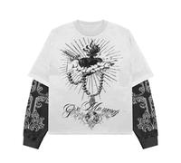 Mens Rapper Pattern T Shirt Y2K Fake Two Emo Grunge 2000s Vintage Long Sleeve T Shirt Harajuku Street Oversized Pattern Vintage Top (White Black,S)