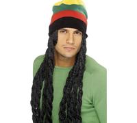 Smiffys Rasta Hat, Black with Long Deadlocks, Hawaiian Luau Fancy Dress, Adult Dress Up Wigs