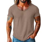 Mens Raw Edge T-Shirt Distressed Hem Short Sleeve Casual Slub Top Rose Gold M