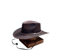 Mens Real Distressed Brown Leather Cowboy Vintage Hat - Australian Western Style Outback Braided Band Hat with Removable Chinstrap (UK, Alpha, XXL, Distressed Brown)