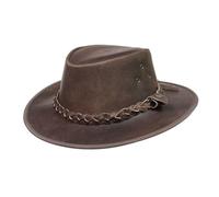 Mens Real Distressed Leather Cowboy Outback Brown Hat Australian Western Style Braided Band Bush Hat with Removable Chinstrap - M