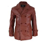Mens Real Leather 3/4 Double Breasted Pea Coat Sherlock Brown Sailor Classic - Cognac 3XL